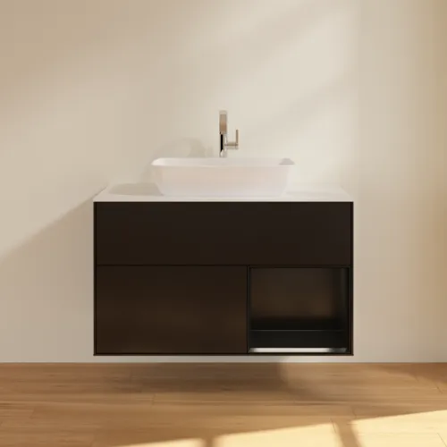 Bild von VILLEROY BOCH Finion Waschbeckenunterschrank, mit Beleuchtung, 2 Auszüge, 1000 x 603 x 501 mm, Black Matt Lacquer / Black Matt Lacquer / Glass White Matt #F781PDPD