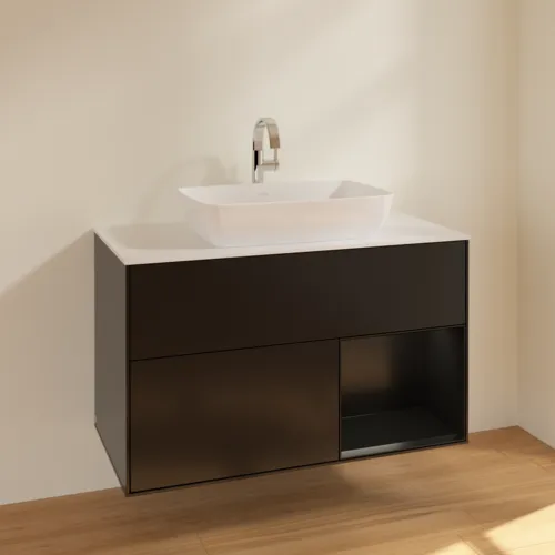 Bild von VILLEROY BOCH Finion Waschbeckenunterschrank, mit Beleuchtung, 2 Auszüge, 1000 x 603 x 501 mm, Black Matt Lacquer / Black Matt Lacquer / Glass White Matt #F781PDPD