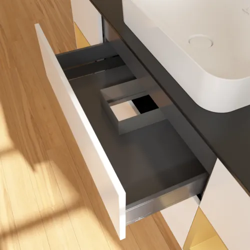 Bild von VILLEROY BOCH Finion Waschbeckenunterschrank, mit Beleuchtung, 4 Auszüge, 1600 x 603 x 501 mm, White Matt Lacquer / Gold Matt Lacquer / Glass Black Matt #F742HFMT