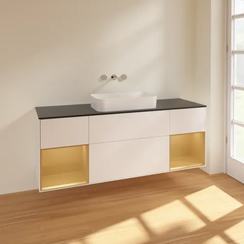 Bild von VILLEROY BOCH Finion Waschbeckenunterschrank, mit Beleuchtung, 4 Auszüge, 1600 x 603 x 501 mm, White Matt Lacquer / Gold Matt Lacquer / Glass Black Matt #F742HFMT