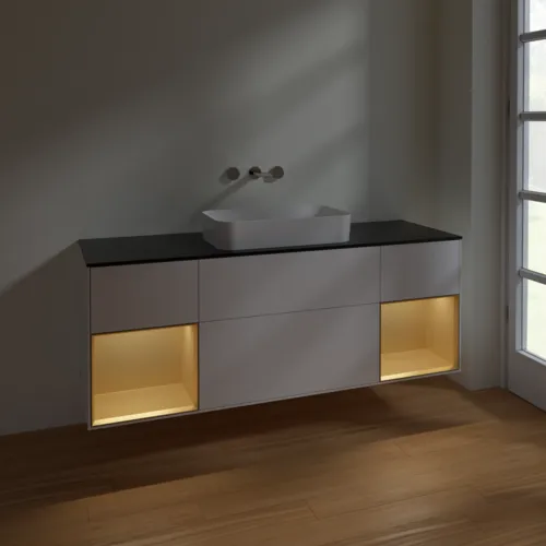 Bild von VILLEROY BOCH Finion Waschbeckenunterschrank, mit Beleuchtung, 4 Auszüge, 1600 x 603 x 501 mm, White Matt Lacquer / Gold Matt Lacquer / Glass Black Matt #F742HFMT
