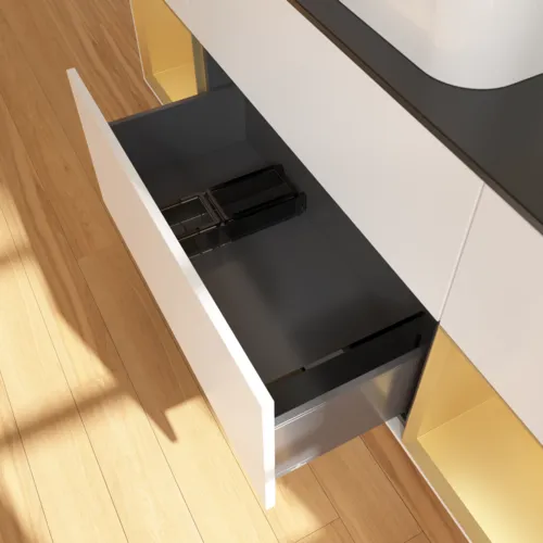 Bild von VILLEROY BOCH Finion Waschbeckenunterschrank, mit Beleuchtung, 4 Auszüge, 1600 x 603 x 501 mm, White Matt Lacquer / Gold Matt Lacquer / Glass Black Matt #F742HFMT