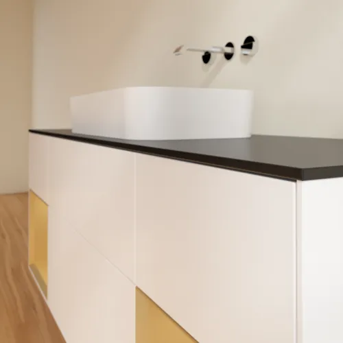 Bild von VILLEROY BOCH Finion Waschbeckenunterschrank, mit Beleuchtung, 4 Auszüge, 1600 x 603 x 501 mm, White Matt Lacquer / Gold Matt Lacquer / Glass Black Matt #F742HFMT