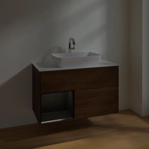 VILLEROY BOCH Finion Waschbeckenunterschrank, mit Beleuchtung, 2 Auszüge, 1000 x 603 x 501 mm, Walnut Veneer / Black Matt Lacquer / Glass White Matt #F771PDGN, Bild 5