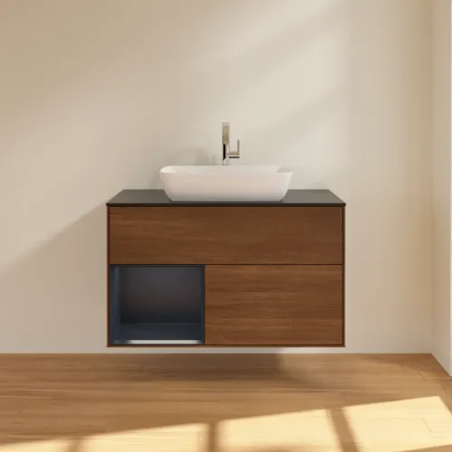 VILLEROY BOCH Finion Waschbeckenunterschrank, mit Beleuchtung, 2 Auszüge, 1000 x 603 x 501 mm, Walnut Veneer / Midnight Blue Matt Lacquer / Glass Black Matt #F772HGGN, Bild 3