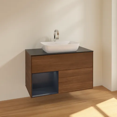 VILLEROY BOCH Finion Waschbeckenunterschrank, mit Beleuchtung, 2 Auszüge, 1000 x 603 x 501 mm, Walnut Veneer / Midnight Blue Matt Lacquer / Glass Black Matt #F772HGGN, Bild 2