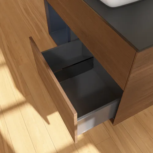 VILLEROY BOCH Finion Waschbeckenunterschrank, mit Beleuchtung, 2 Auszüge, 1000 x 603 x 501 mm, Walnut Veneer / Midnight Blue Matt Lacquer / Glass Black Matt #F772HGGN, Bild 7