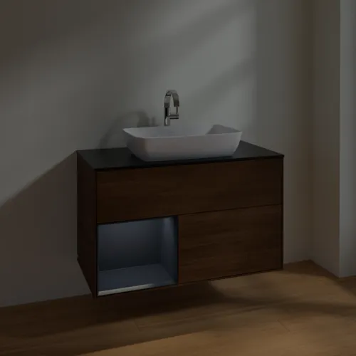 VILLEROY BOCH Finion Waschbeckenunterschrank, mit Beleuchtung, 2 Auszüge, 1000 x 603 x 501 mm, Walnut Veneer / Midnight Blue Matt Lacquer / Glass Black Matt #F772HGGN, Bild 5