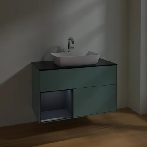 Obrázek VILLEROY BOCH Toaletní skříňka Finion, s osvětlením, 2 výsuvy, 1000 x 603 x 501 mm, olivový matný lak / půlnoční modrý matný lak / černé matné sklo #F772HGGM