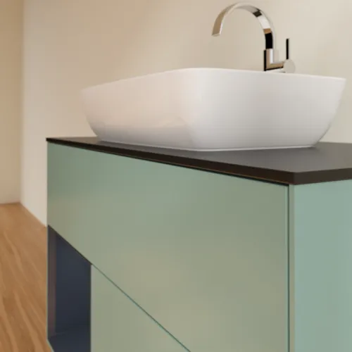Obrázek VILLEROY BOCH Toaletní skříňka Finion, s osvětlením, 2 výsuvy, 1000 x 603 x 501 mm, olivový matný lak / půlnoční modrý matný lak / černé matné sklo #F772HGGM