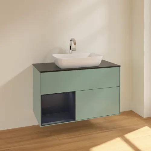Obrázek VILLEROY BOCH Toaletní skříňka Finion, s osvětlením, 2 výsuvy, 1000 x 603 x 501 mm, olivový matný lak / půlnoční modrý matný lak / černé matné sklo #F772HGGM