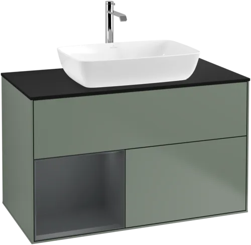 Picture of VILLEROY BOCH Finion Vanity unit, with lighting, 2 pull-out compartments, 1000 x 603 x 501 mm, Olive Matt Lacquer / Midnight Blue Matt Lacquer / Glass Black Matt #F772HGGM