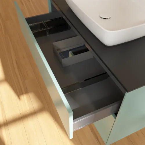 Obrázek VILLEROY BOCH Toaletní skříňka Finion, s osvětlením, 2 výsuvy, 1000 x 603 x 501 mm, olivový matný lak / půlnoční modrý matný lak / černé matné sklo #F772HGGM