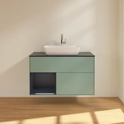 Obrázek VILLEROY BOCH Toaletní skříňka Finion, s osvětlením, 2 výsuvy, 1000 x 603 x 501 mm, olivový matný lak / půlnoční modrý matný lak / černé matné sklo #F772HGGM