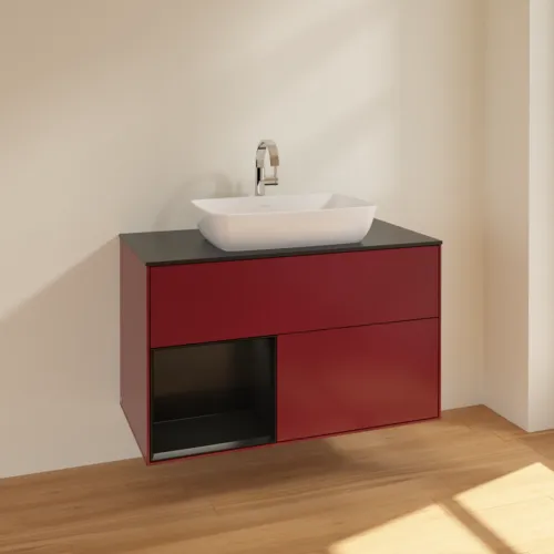 Bild von VILLEROY BOCH Finion Waschbeckenunterschrank, mit Beleuchtung, 2 Auszüge, 1000 x 603 x 501 mm, Peony Matt Lacquer / Black Matt Lacquer / Glass Black Matt #F772PDHB