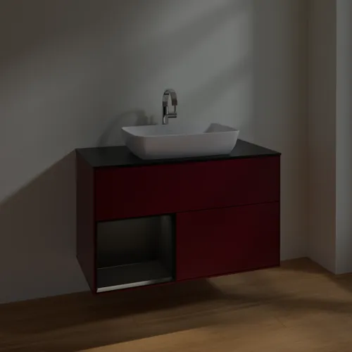 Bild von VILLEROY BOCH Finion Waschbeckenunterschrank, mit Beleuchtung, 2 Auszüge, 1000 x 603 x 501 mm, Peony Matt Lacquer / Black Matt Lacquer / Glass Black Matt #F772PDHB