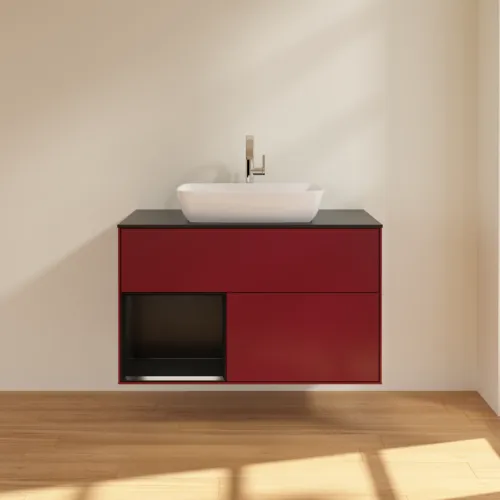 Bild von VILLEROY BOCH Finion Waschbeckenunterschrank, mit Beleuchtung, 2 Auszüge, 1000 x 603 x 501 mm, Peony Matt Lacquer / Black Matt Lacquer / Glass Black Matt #F772PDHB
