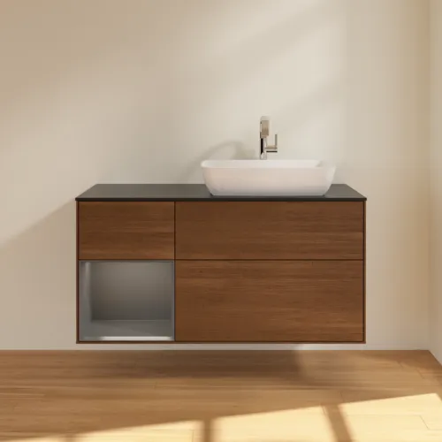 VILLEROY BOCH Finion Waschbeckenunterschrank, mit Beleuchtung, 3 Auszüge, 1200 x 603 x 501 mm, Walnut Veneer / Anthracite Matt Lacquer / Glass Black Matt #F802GKGN, Bild 2