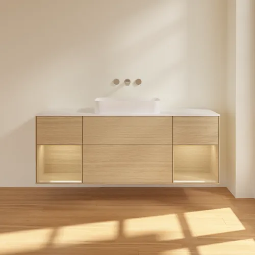 VILLEROY BOCH Finion Waschbeckenunterschrank, mit Beleuchtung, 4 Auszüge, 1600 x 603 x 501 mm, Oak Veneer / Oak Veneer / Glass White Matt #F741PCPC, Bild 3