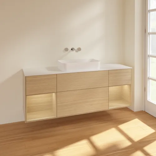 VILLEROY BOCH Finion Waschbeckenunterschrank, mit Beleuchtung, 4 Auszüge, 1600 x 603 x 501 mm, Oak Veneer / Oak Veneer / Glass White Matt #F741PCPC, Bild 2