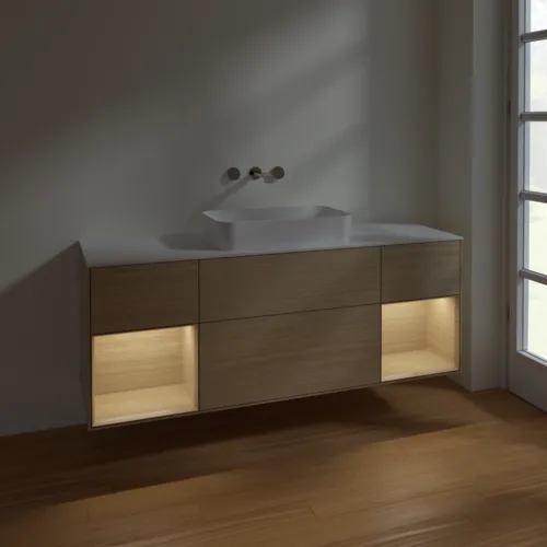 VILLEROY BOCH Finion Waschbeckenunterschrank, mit Beleuchtung, 4 Auszüge, 1600 x 603 x 501 mm, Oak Veneer / Oak Veneer / Glass White Matt #F741PCPC, Bild 5