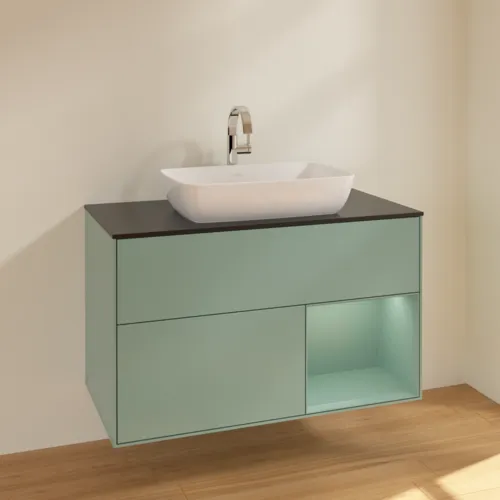 Bild von VILLEROY BOCH Finion Waschbeckenunterschrank, mit Beleuchtung, 2 Auszüge, 1000 x 603 x 501 mm, Olive Matt Lacquer / Olive Matt Lacquer / Glass Black Matt #F782GMGM