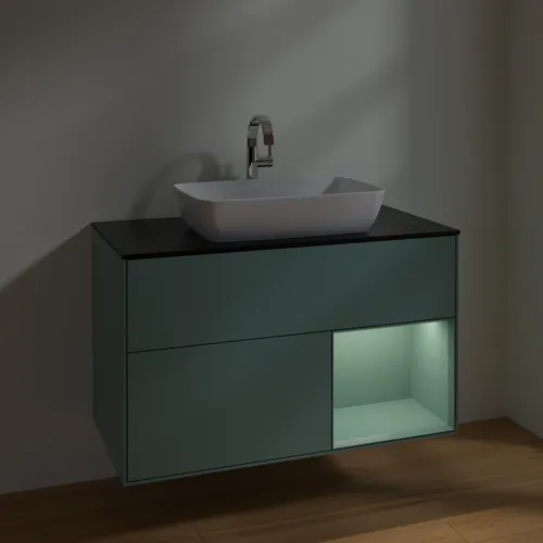 Bild von VILLEROY BOCH Finion Waschbeckenunterschrank, mit Beleuchtung, 2 Auszüge, 1000 x 603 x 501 mm, Olive Matt Lacquer / Olive Matt Lacquer / Glass Black Matt #F782GMGM