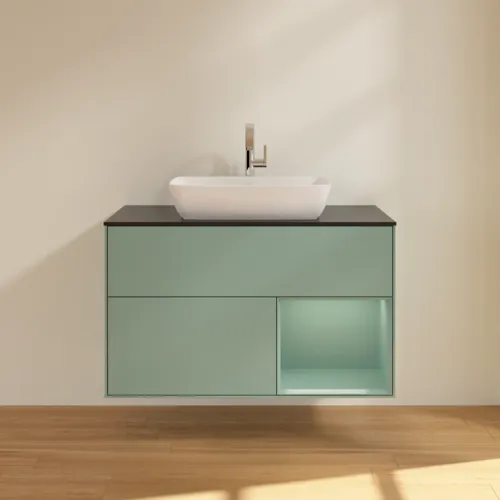 Bild von VILLEROY BOCH Finion Waschbeckenunterschrank, mit Beleuchtung, 2 Auszüge, 1000 x 603 x 501 mm, Olive Matt Lacquer / Olive Matt Lacquer / Glass Black Matt #F782GMGM