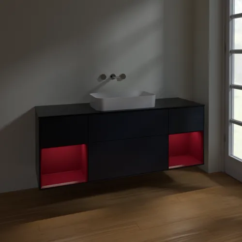 Bild von VILLEROY BOCH Finion Waschbeckenunterschrank, mit Beleuchtung, 4 Auszüge, 1600 x 603 x 501 mm, Midnight Blue Matt Lacquer / Peony Matt Lacquer / Glass Black Matt #F742HBHG
