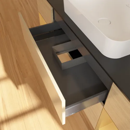 Picture of VILLEROY BOCH Finion Vanity unit, with lighting, 4 pull-out compartments, 1600 x 603 x 501 mm, Oak Veneer / Gold Matt Lacquer / Glass Black Matt #F742HFPC