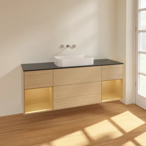 Picture of VILLEROY BOCH Finion Vanity unit, with lighting, 4 pull-out compartments, 1600 x 603 x 501 mm, Oak Veneer / Gold Matt Lacquer / Glass Black Matt #F742HFPC
