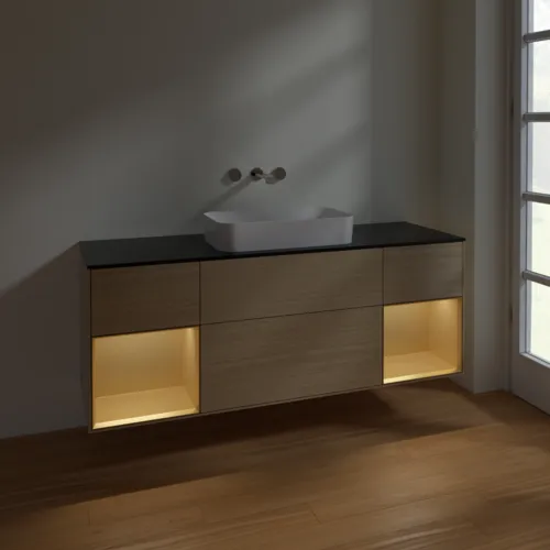 Picture of VILLEROY BOCH Finion Vanity unit, with lighting, 4 pull-out compartments, 1600 x 603 x 501 mm, Oak Veneer / Gold Matt Lacquer / Glass Black Matt #F742HFPC