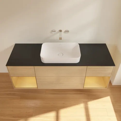 Picture of VILLEROY BOCH Finion Vanity unit, with lighting, 4 pull-out compartments, 1600 x 603 x 501 mm, Oak Veneer / Gold Matt Lacquer / Glass Black Matt #F742HFPC