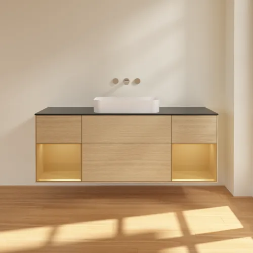 Picture of VILLEROY BOCH Finion Vanity unit, with lighting, 4 pull-out compartments, 1600 x 603 x 501 mm, Oak Veneer / Gold Matt Lacquer / Glass Black Matt #F742HFPC