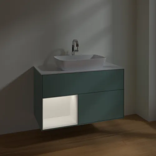 VILLEROY BOCH Finion Waschbeckenunterschrank, mit Beleuchtung, 2 Auszüge, 1000 x 603 x 501 mm, Olive Matt Lacquer / White Matt Lacquer / Glass White Matt #F771MTGM, Bild 5