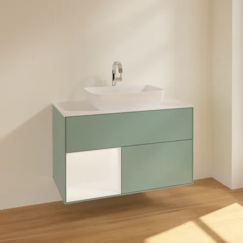 VILLEROY BOCH Finion Waschbeckenunterschrank, mit Beleuchtung, 2 Auszüge, 1000 x 603 x 501 mm, Olive Matt Lacquer / White Matt Lacquer / Glass White Matt #F771MTGM, Bild 2