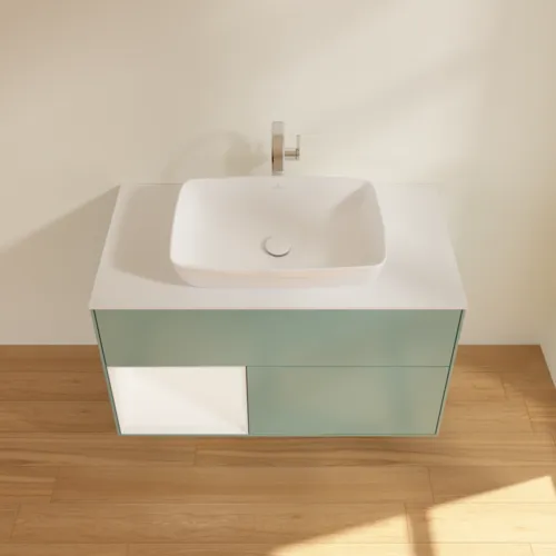 VILLEROY BOCH Finion Waschbeckenunterschrank, mit Beleuchtung, 2 Auszüge, 1000 x 603 x 501 mm, Olive Matt Lacquer / White Matt Lacquer / Glass White Matt #F771MTGM, Bild 4
