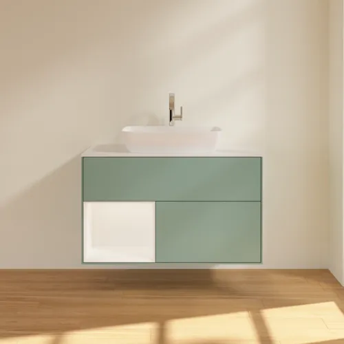 VILLEROY BOCH Finion Waschbeckenunterschrank, mit Beleuchtung, 2 Auszüge, 1000 x 603 x 501 mm, Olive Matt Lacquer / White Matt Lacquer / Glass White Matt #F771MTGM, Bild 3