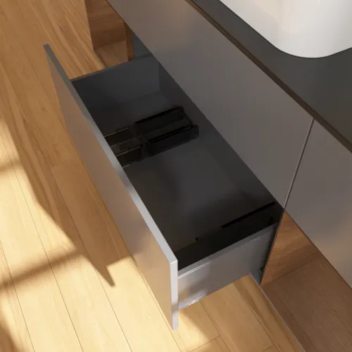 VILLEROY BOCH Finion Waschbeckenunterschrank, mit Beleuchtung, 4 Auszüge, 1600 x 603 x 501 mm, Anthracite Matt Lacquer / Walnut Veneer / Glass Black Matt #F742GNGK, Bild 7