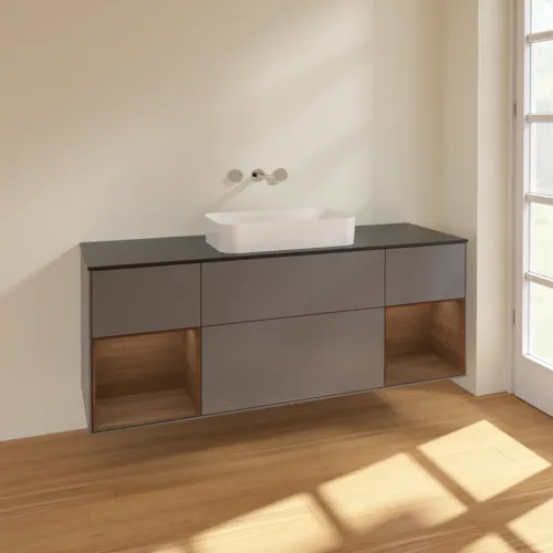 VILLEROY BOCH Finion Waschbeckenunterschrank, mit Beleuchtung, 4 Auszüge, 1600 x 603 x 501 mm, Anthracite Matt Lacquer / Walnut Veneer / Glass Black Matt #F742GNGK, Bild 2
