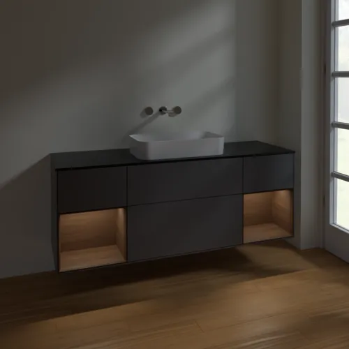 VILLEROY BOCH Finion Waschbeckenunterschrank, mit Beleuchtung, 4 Auszüge, 1600 x 603 x 501 mm, Anthracite Matt Lacquer / Walnut Veneer / Glass Black Matt #F742GNGK, Bild 5