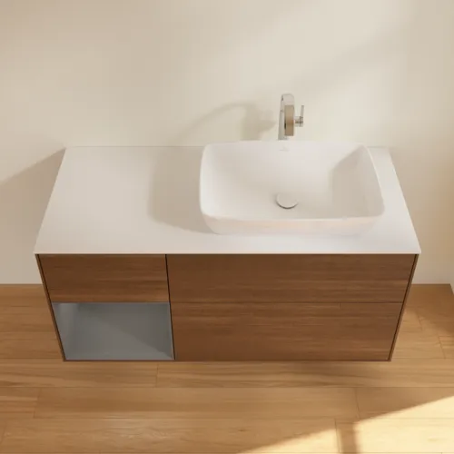 Bild von VILLEROY BOCH Finion Waschbeckenunterschrank, mit Beleuchtung, 3 Auszüge, 1200 x 603 x 501 mm, Walnut Veneer / Anthracite Matt Lacquer / Glass White Matt #F801GKGN
