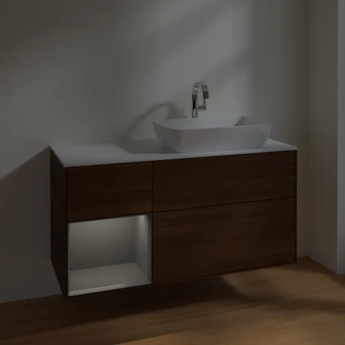 Bild von VILLEROY BOCH Finion Waschbeckenunterschrank, mit Beleuchtung, 3 Auszüge, 1200 x 603 x 501 mm, Walnut Veneer / Anthracite Matt Lacquer / Glass White Matt #F801GKGN