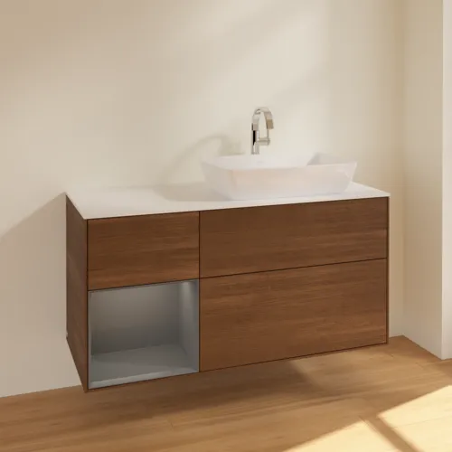 Bild von VILLEROY BOCH Finion Waschbeckenunterschrank, mit Beleuchtung, 3 Auszüge, 1200 x 603 x 501 mm, Walnut Veneer / Anthracite Matt Lacquer / Glass White Matt #F801GKGN