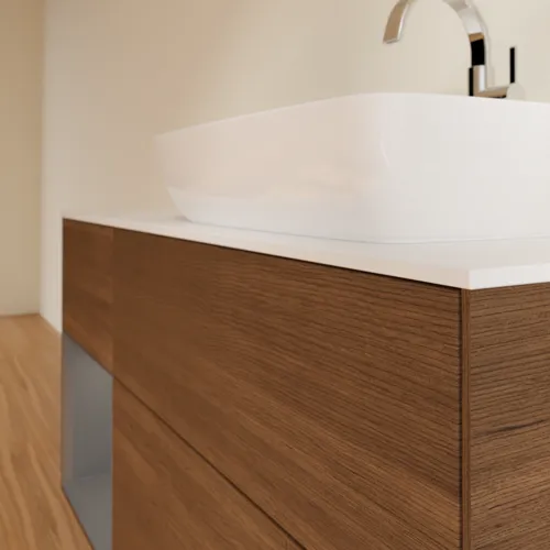Bild von VILLEROY BOCH Finion Waschbeckenunterschrank, mit Beleuchtung, 3 Auszüge, 1200 x 603 x 501 mm, Walnut Veneer / Anthracite Matt Lacquer / Glass White Matt #F801GKGN