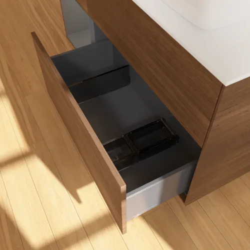 Bild von VILLEROY BOCH Finion Waschbeckenunterschrank, mit Beleuchtung, 3 Auszüge, 1200 x 603 x 501 mm, Walnut Veneer / Anthracite Matt Lacquer / Glass White Matt #F801GKGN