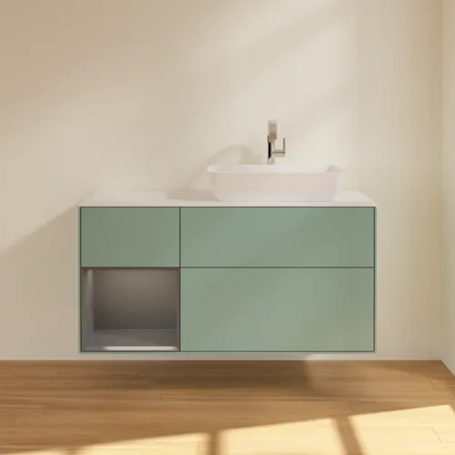 VILLEROY BOCH Finion Waschbeckenunterschrank, mit Beleuchtung, 3 Auszüge, 1200 x 603 x 501 mm, Olive Matt Lacquer / Anthracite Matt Lacquer / Glass White Matt #F801GKGM, Bild 3