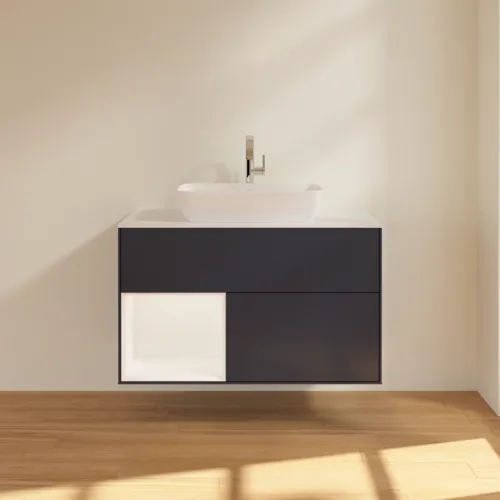 Bild von VILLEROY BOCH Finion Waschbeckenunterschrank, mit Beleuchtung, 2 Auszüge, 1000 x 603 x 501 mm, Midnight Blue Matt Lacquer / White Matt Lacquer / Glass White Matt #F771MTHG