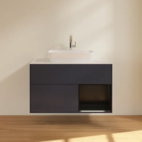 VILLEROY BOCH Finion Waschbeckenunterschrank, mit Beleuchtung, 2 Auszüge, 1000 x 603 x 501 mm, Midnight Blue Matt Lacquer / Black Matt Lacquer / Glass White Matt #F781PDHG, Bild 3