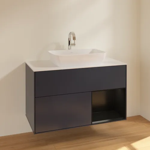VILLEROY BOCH Finion Waschbeckenunterschrank, mit Beleuchtung, 2 Auszüge, 1000 x 603 x 501 mm, Midnight Blue Matt Lacquer / Black Matt Lacquer / Glass White Matt #F781PDHG, Bild 2